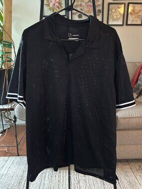 Original Use Men's Black Mesh Button-Up Short Sleeve Shirt White Stripe Cuffs